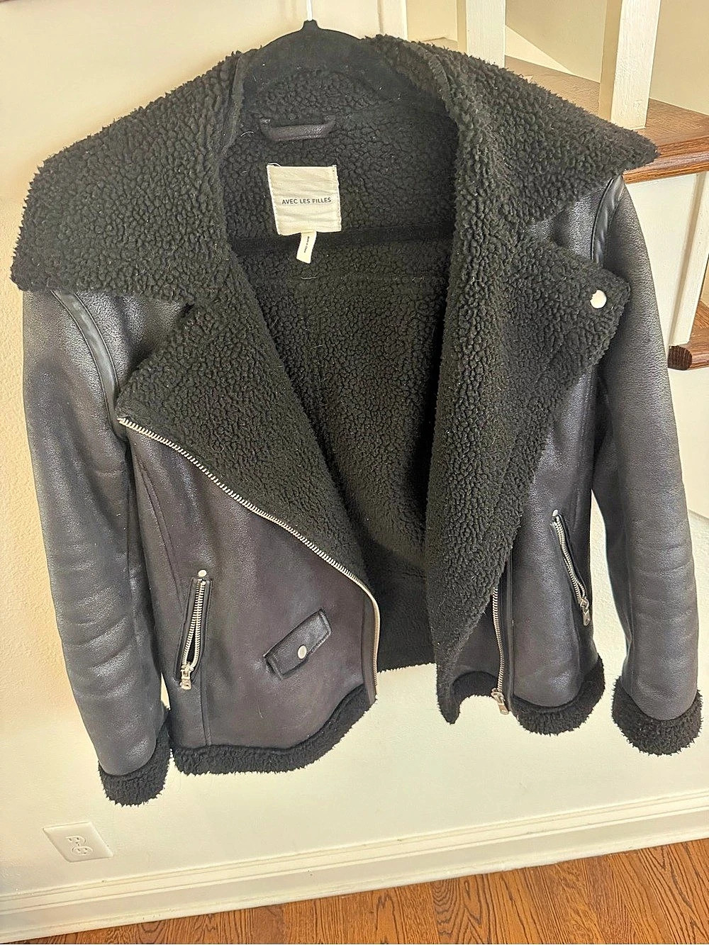 Avec Les Filles Oversized Faux Shearling Biker Jacket Black Small